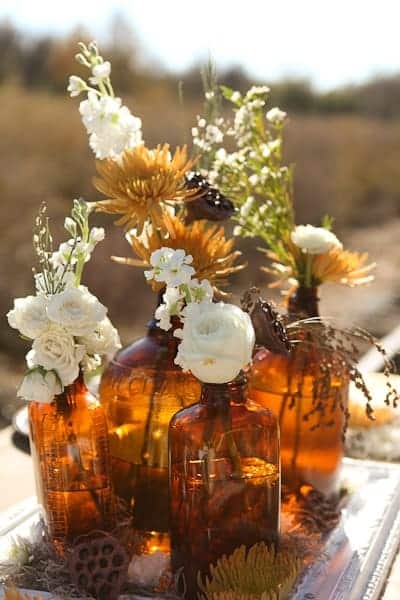 Vase Set, Amber Glass Apothecary Bottles with Wildflower Styling