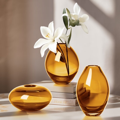 Vase Set Amber Glass Organic Silhouettes Hand Blown Look Minimalist Trio