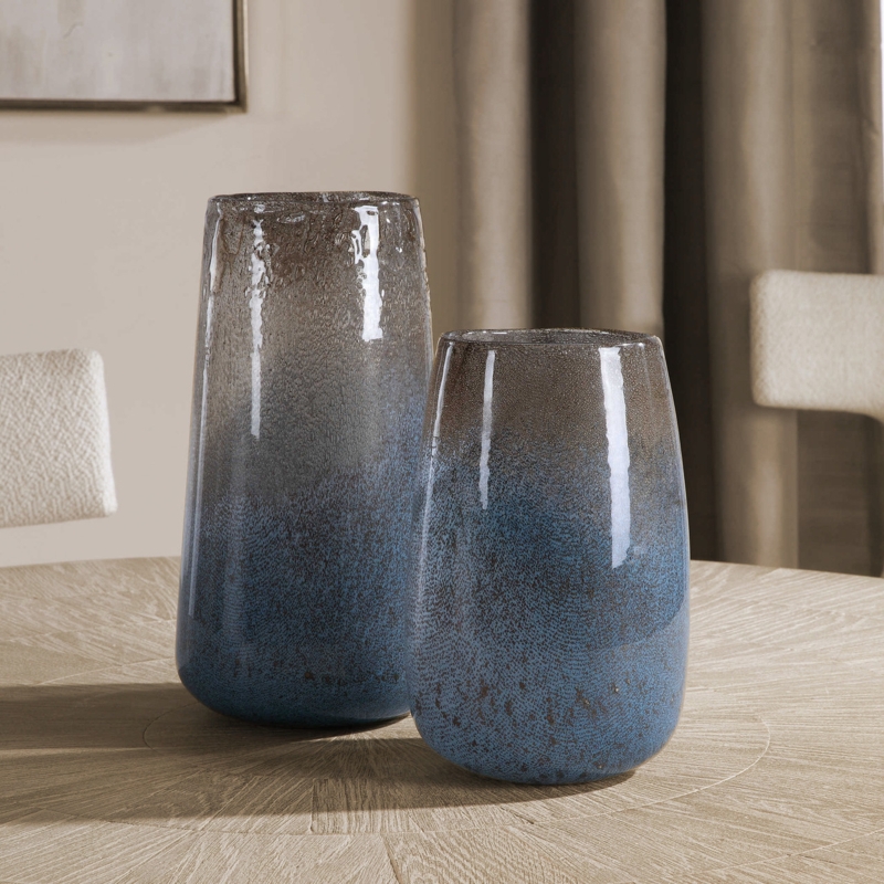 Vase Set Blue Ombre Finish Seeded Glass Texture Tapered Form