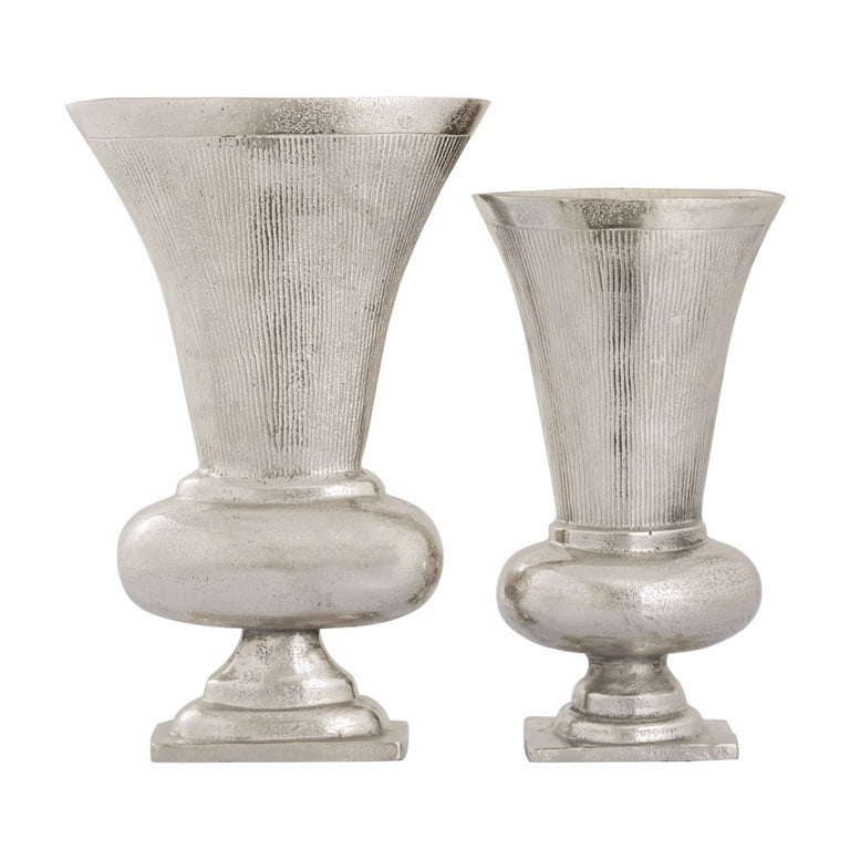 Vase Set Brushed Nickel Ribbed Texture Square Pedestal Metallic Decor