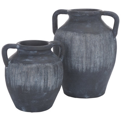 Vase Set Charcoal Finish Ribbed Texture Weathered Black Amphora Jars
