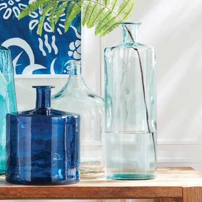 Vase Set: Coastal Cobalt Blue & Aqua Glass with Rippled Texture