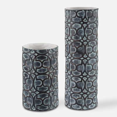 Vase Set Cylindrical Interlocking Circle Weathered Teal Ceramic