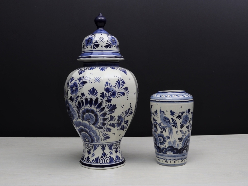 Vase Set Delft Style Ceramic Floral Bird Combination Chinoiserie Accents
