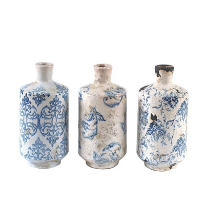 Vase Set: Distressed Blue and White Patterns on Cylindrical Ceramic Bottles