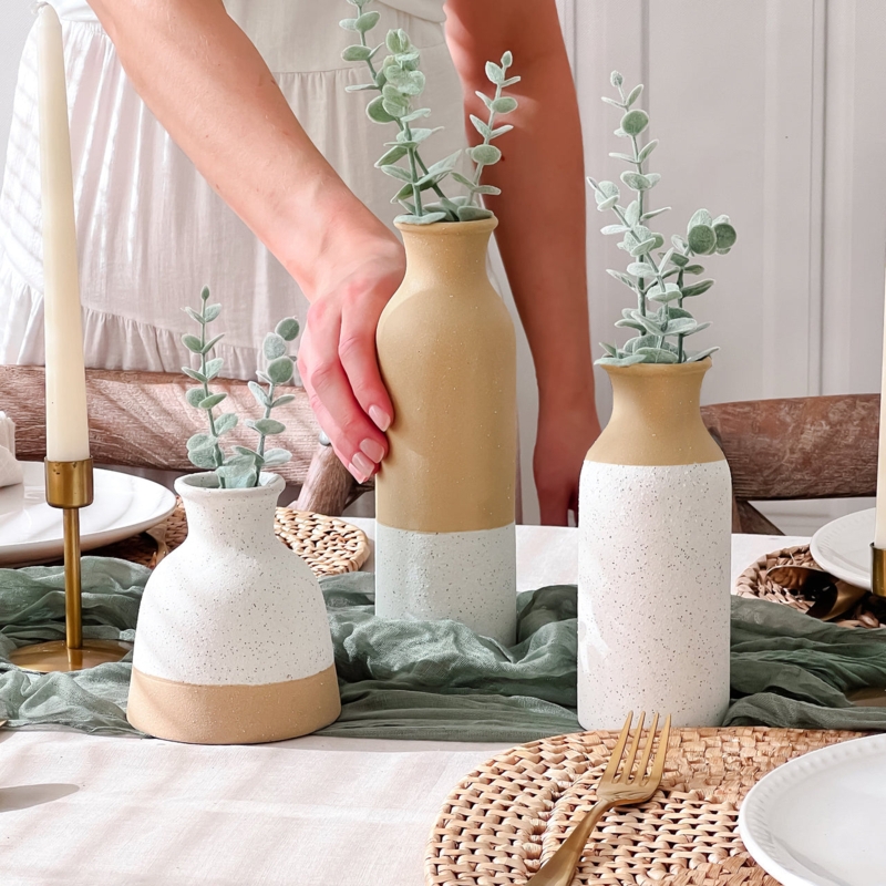 Vase Set: Earthy Mustard Yellow Two-Toned Ceramic Styling for Mantel.