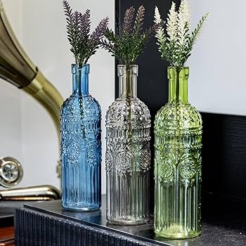 Vase Set Embossed Glass Jewel Toned Vintage Bottle Shapes