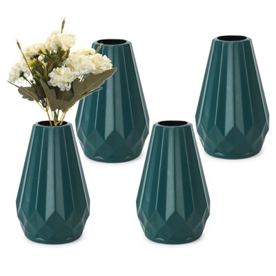 Vase Set Forest Green Faceted Geometric Design Matte Finish