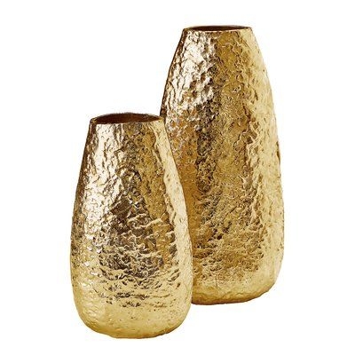 Vase Set Glossy Metallic Gold Finish Hammered Texture Glam Style