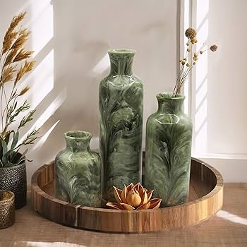 Vase Set: Green Marble Vase Set Decor with Glossy Resin Swirl Pattern.