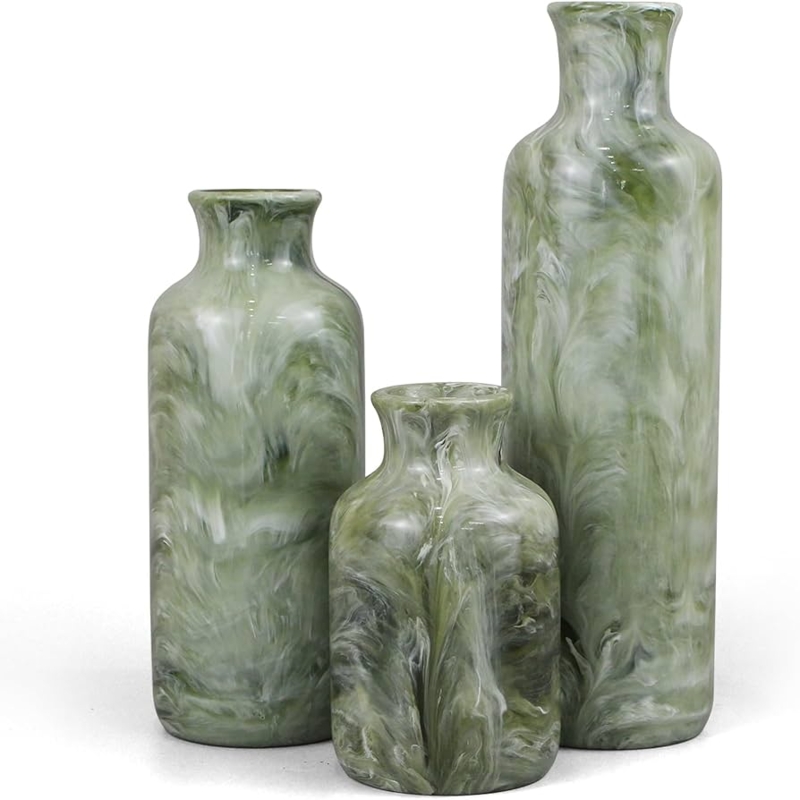 Vase Set Green Marbled Swirl Resin Like Semi Glossy Organic Modern Trio