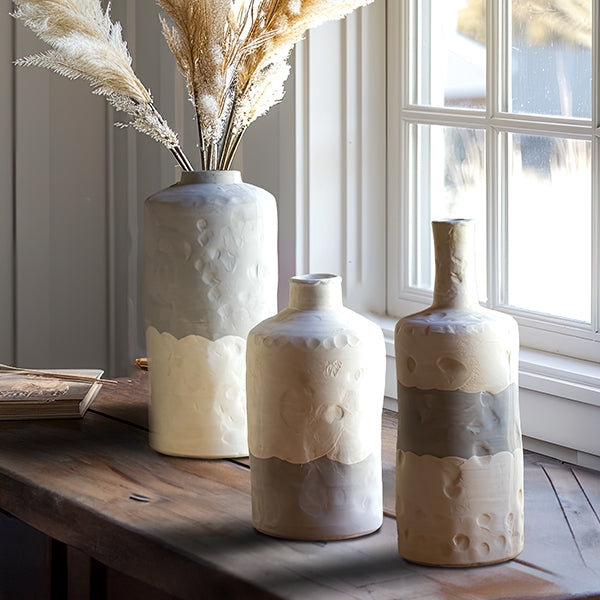 Vase Set Hand Molded Texture Two Toned Glaze Ceramic Rustic