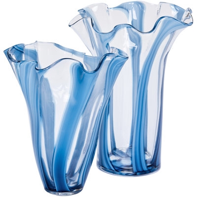 Vase Set Handblown Art Glass Blue Stripes Ruffled Rim Coastal Deco