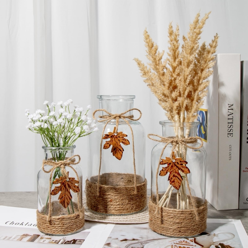 Vase Set Jute Wrapped Base Maple Leaf Charms Rustic Farmhouse Trio