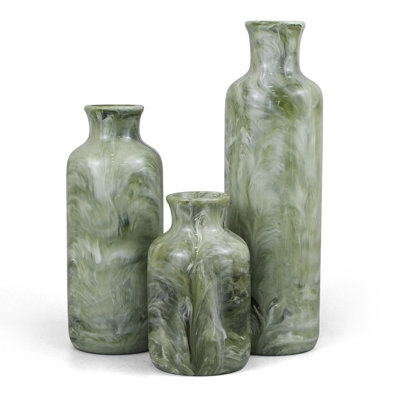 Vase Set Marbled Sage Green Resin, Organic Modern Shelf Decor
