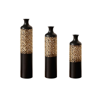 Vase Set Matte Black Gold Leaf Filigree Band Graduated Modern Decor