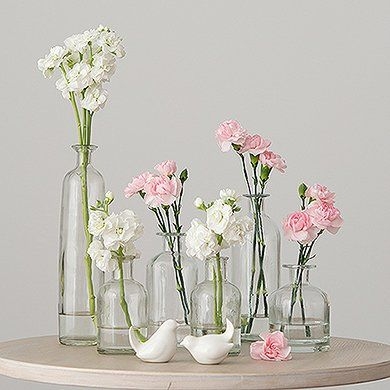 Vase Set: Mixed Glass Shapes, Varying Heights, Bird Accent Figurines