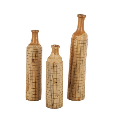 Vase Set of 3 Bohemian Checkered Grid Pattern Wooden Bottle Silhouette