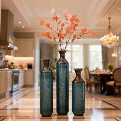 Vase Set of 3 Mottled Blue Bronze Rims Graduated Heights Transitional