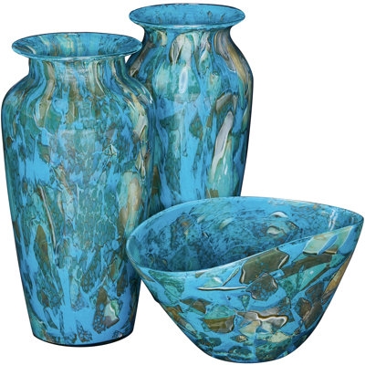 Vase Set of 3 Mottled Turquoise Glass Coastal Accent Trio
