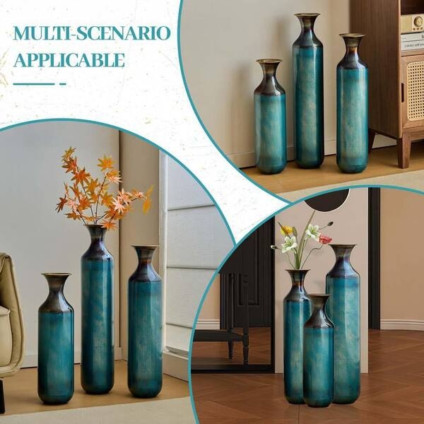 Vase Set of 3 Slender Metal Bottle Aqua Patina Modern Farmhouse