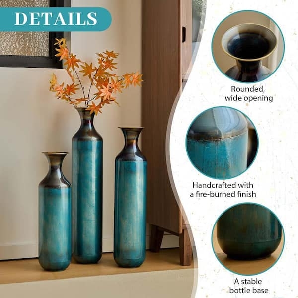 Vase Set of 3 Teal Metal Bottle Fire Burned Finish Rustic Industrial