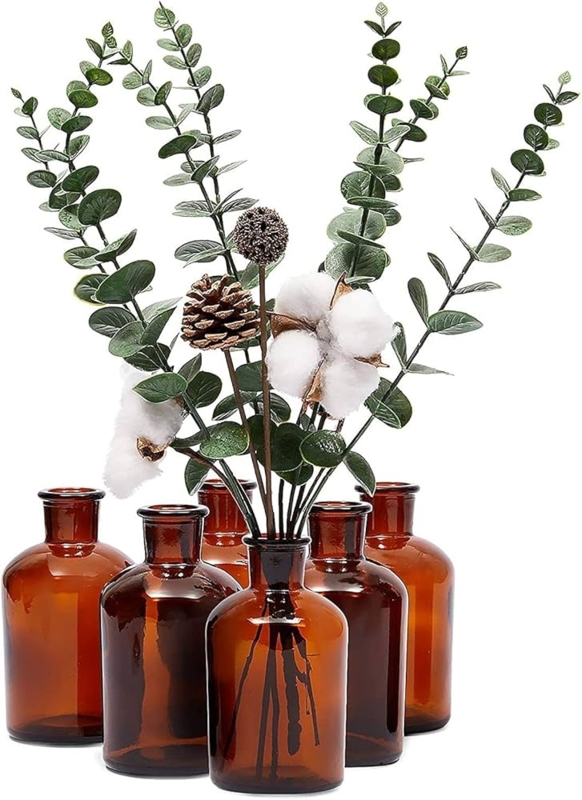 Vase Set of Six: Amber Glass Apothecary Jars for Farmhouse Decor.