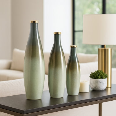 Vase Set Ombre Green Finish with Gold Rim Accent Matte Bottle Shapes