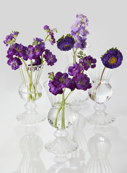Vase Set: Optical Glass Mini Urns with Ribbed Texture and Pedestal Base