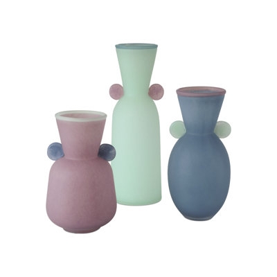 Vase Set Pastel Frosted Glass with Geometric Side Handles Whimsical Trio