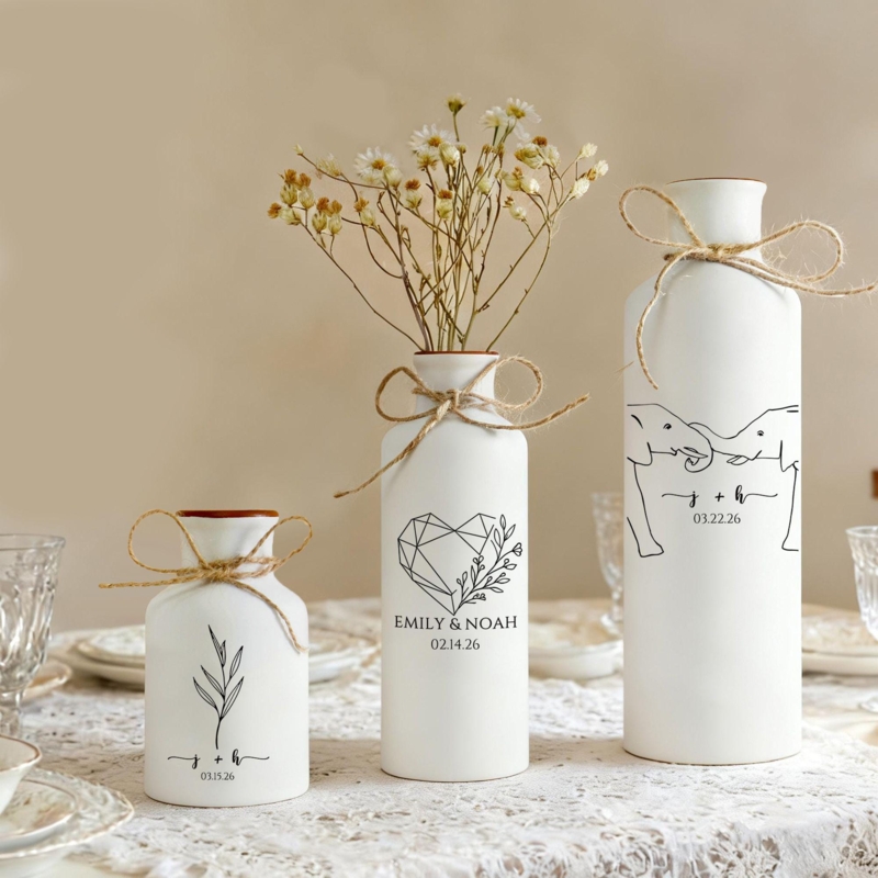 Vase Set, Personalized Line Art, Matte White Ceramic, Jute Ribbon Detail