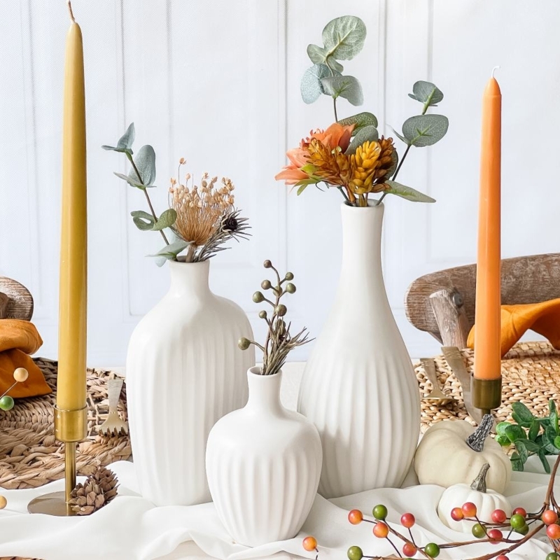 Vase Set: Ribbed Surface Ceramic Trio for Harvest Theme Mantel Decor.