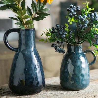 Vase Set: Rustic Glazed Ceramic Pitcher Decor with Dimpled Texture.