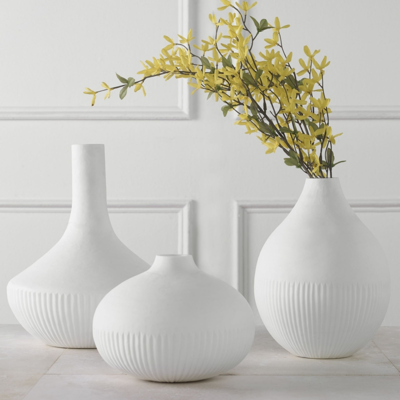 Vase Set, Satin White Finish, Ribbed Bottom Half. Textured Trio.