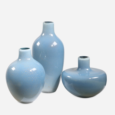 Vase Set Sky Blue Glaze Organic Shapes Tiered Coastal Bud Vases Trio