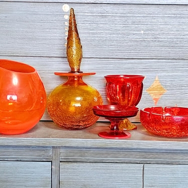 Vase Set Tall Stopper Crackle Texture Glass, Mid-Century Retro Decor.