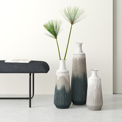 Vase Set: Teal and White Ombre Metal Trio with Ribbed Texture