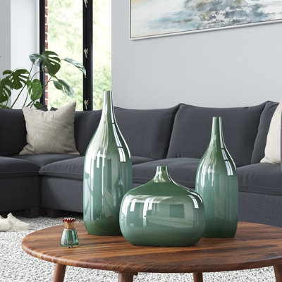 Vase Set Three Piece Green Ombre Finish High Gloss Organic Shaped