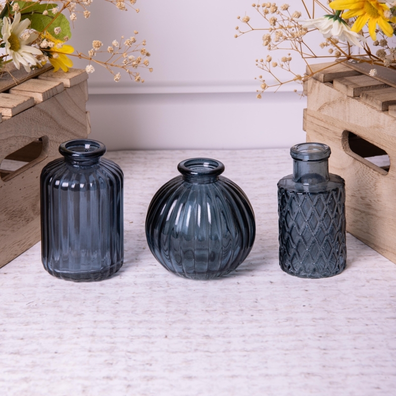 Vase Set Tinted Smokey Blue Glass, Varied Textures Rustic Bud Vases