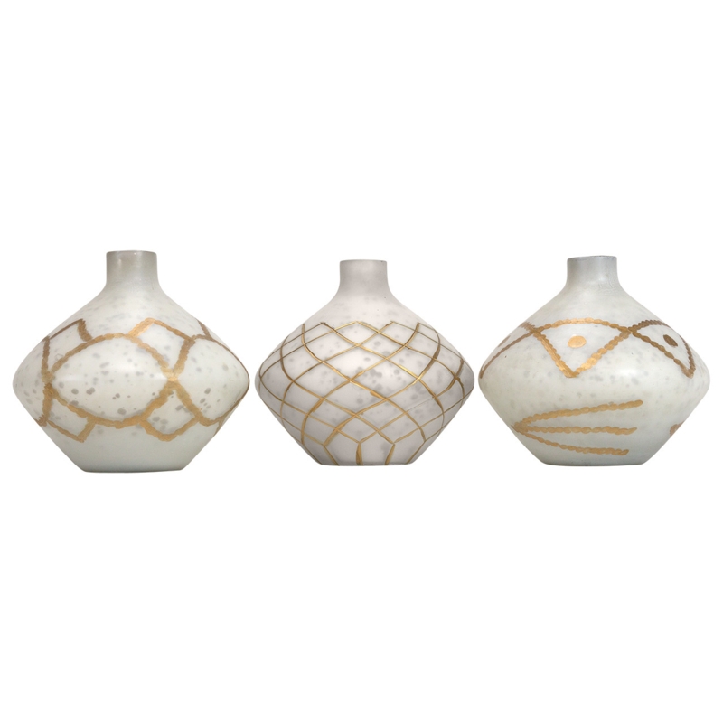 Vase Set White and Gold Geometric Pattern Frosted Glass Bohemian Chic