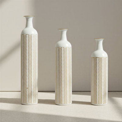 Vase Set White Metal Gold Herringbone Pattern Slender Silhouette Glam