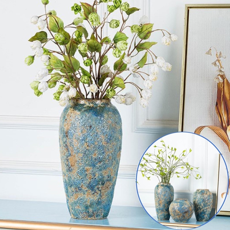 Vase Tall Rustic Ceramic Distressed Blue Tan Pitted Texture Farmhouse
