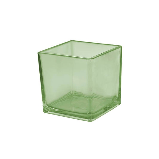 Vase Translucent Green Glass Square Shape Thick Base Minimalist