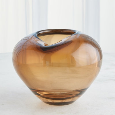 Vase Undulating Rim Amber Glass Squat Bulbous Mid Century Modern