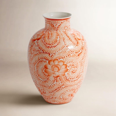 Vase Urn Shape Coral Feathered Pattern, Glossy Ceramic Traditional.