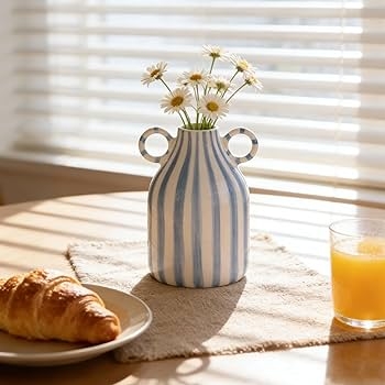 Vase: Vertical Blue Stripes, Circular Loop Handles, Hand-painted