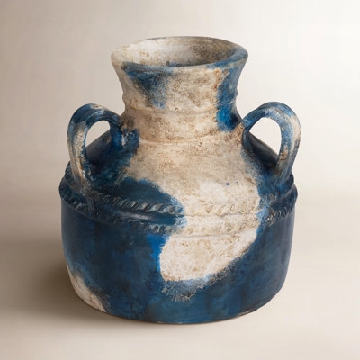 Vase Weathered Blue Patina Rope Detailing Squat Silhouette Boho