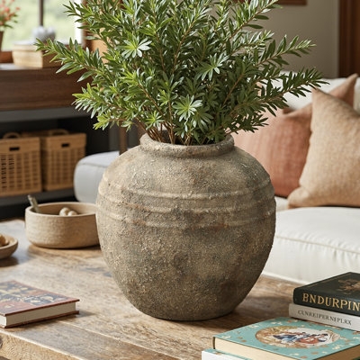 Vase Weathered Finish Textured Ridges Large Round Urn Coastal