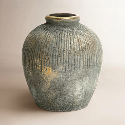 Vase Weathered Gold Accents Vertical Ribbing Pitted Stone Texture