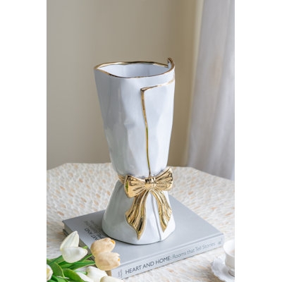 Vase White And Gold Bow Vase Ceramic Crumpled Paper Effect Glam Chic
